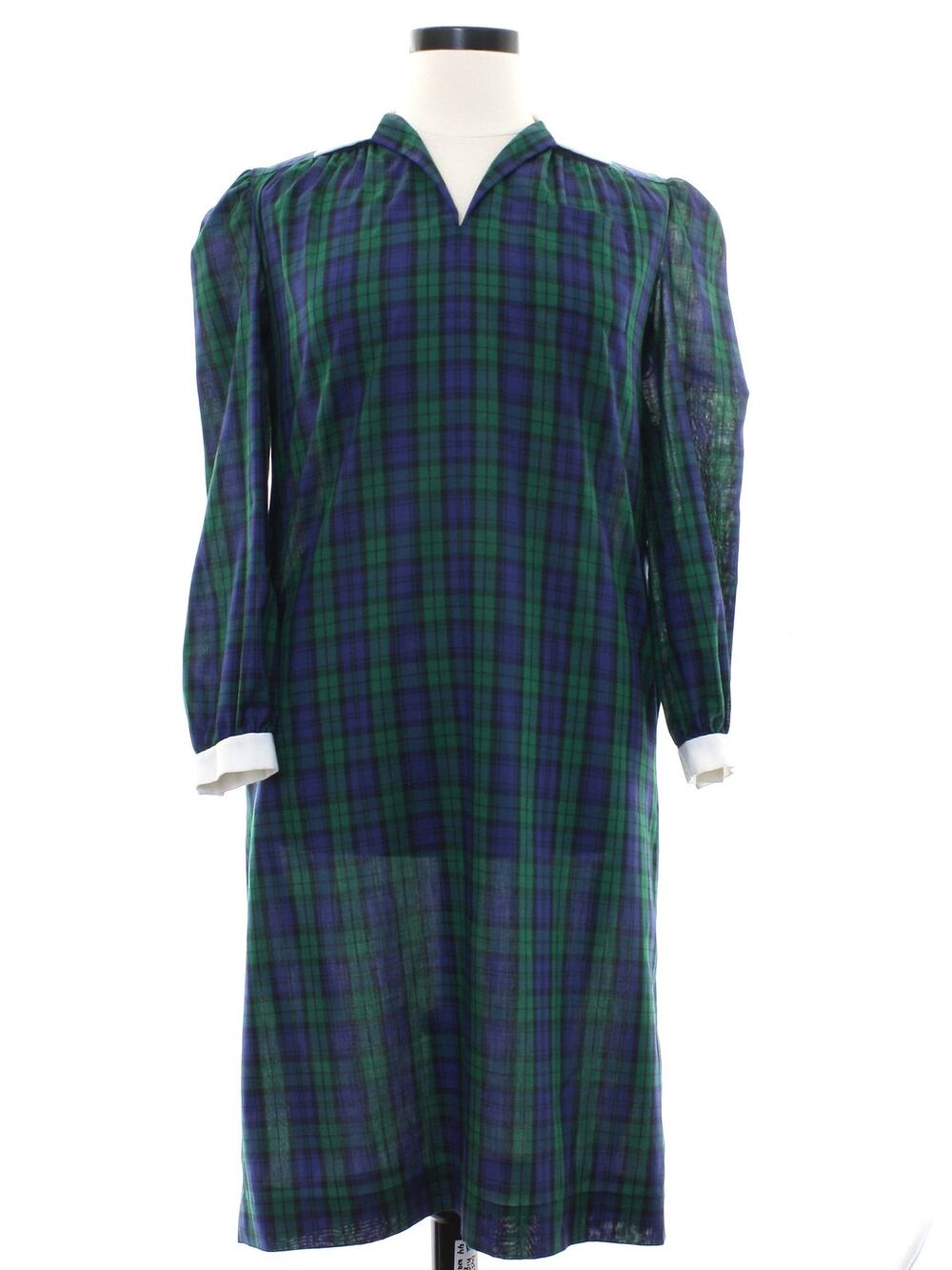 Vintage 70s Home Sewn Plaid Midi Dress Navy Green Cotton Pockets Women's Large